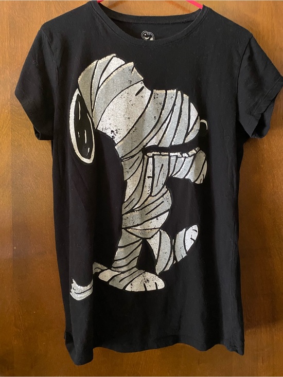 Peanuts Tops - Peanuts Black Tee with Distressed Silver Metallic Snoopy Mummy Graphic